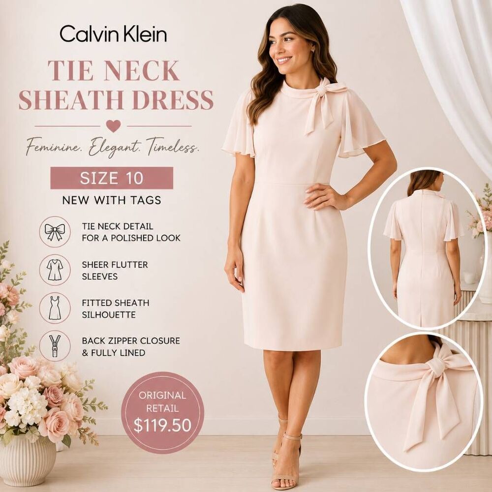 Calvin Klein Women’s Size 10 Blush Pink Tie Neck Sheath Dress Flutter Sleeve NWT